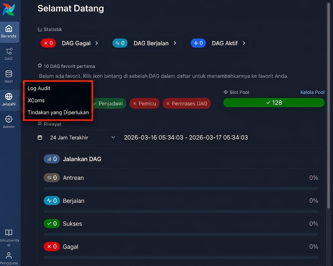 UI Airflow dengan menu Browse terbuka menampilkan opsi audit log