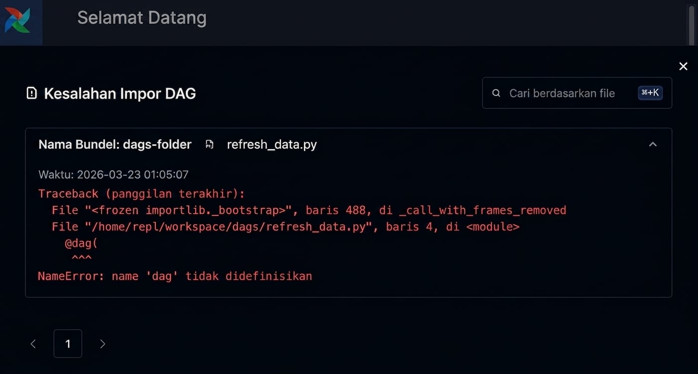 Detail error impor Airflow menampilkan pesan traceback Dag