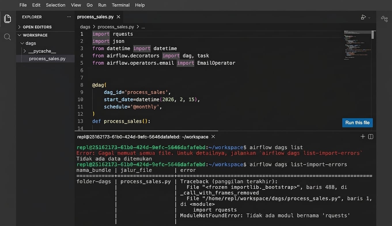 Keluaran terminal airflow dags list-import-errors yang menampilkan error