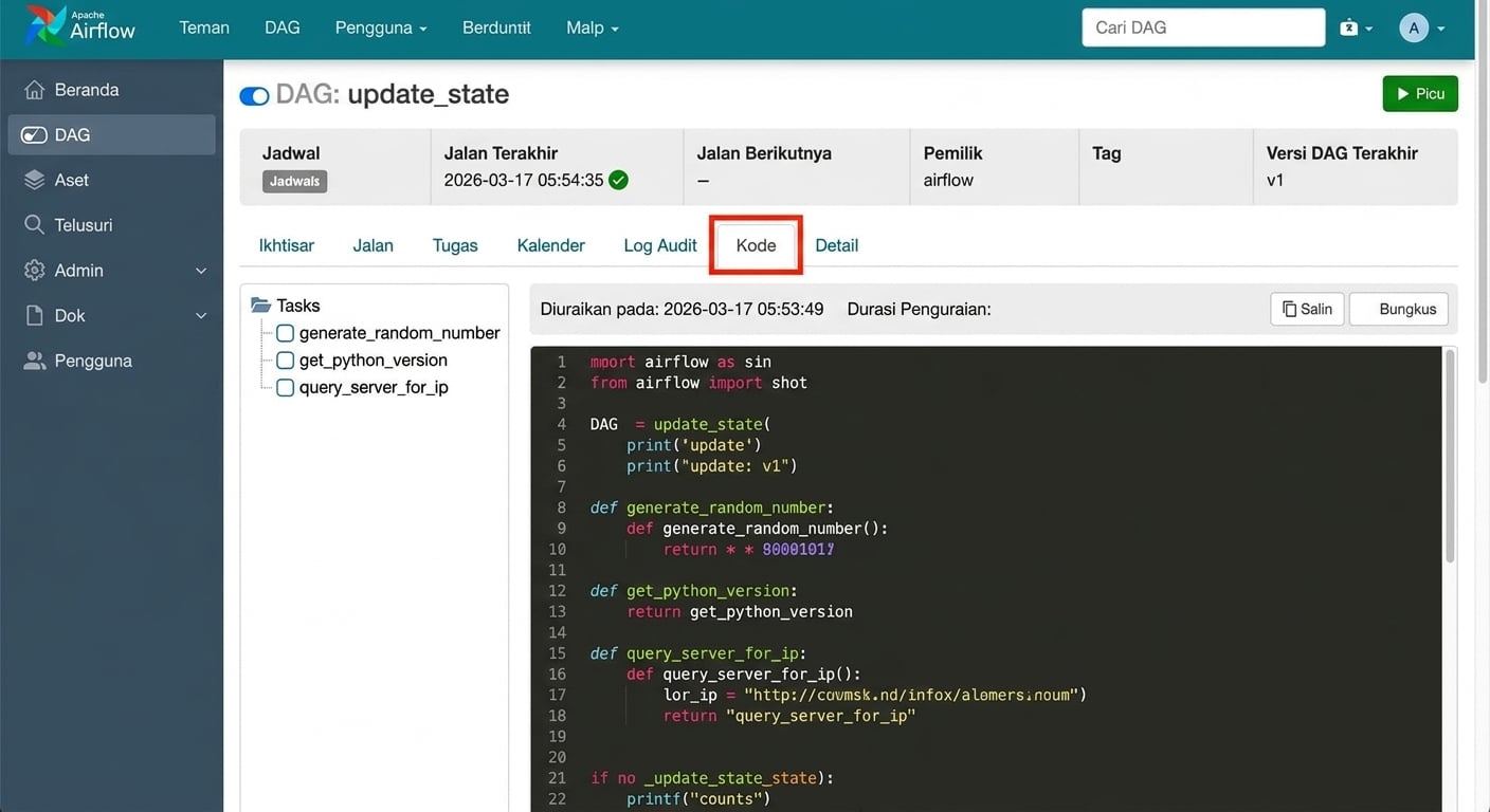 Tampilan kode Dag menunjukkan sumber Python hanya-baca yang mendefinisikan Dag