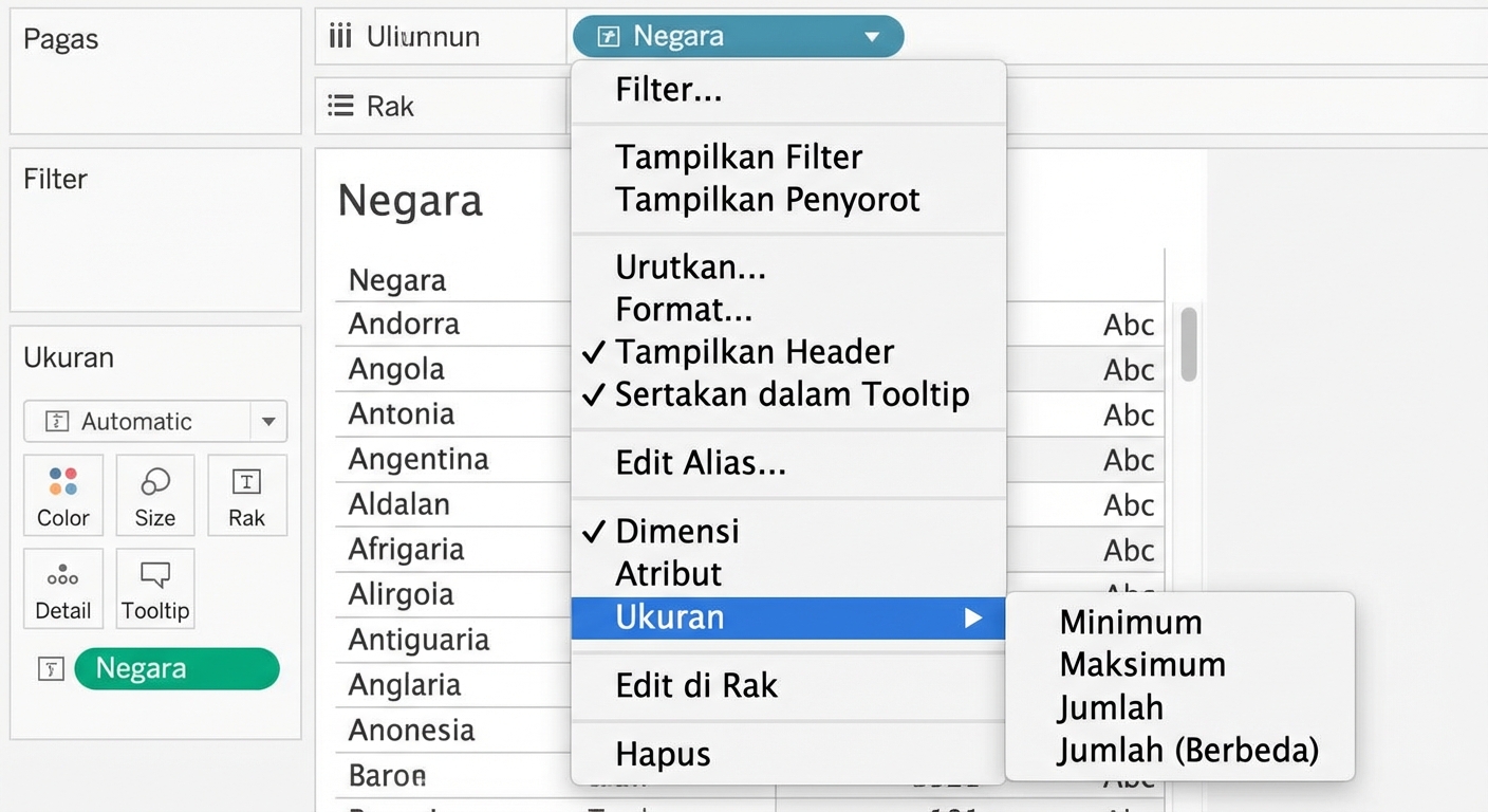 Menu tarik-turun Tableau untuk mengagregasi dimensi