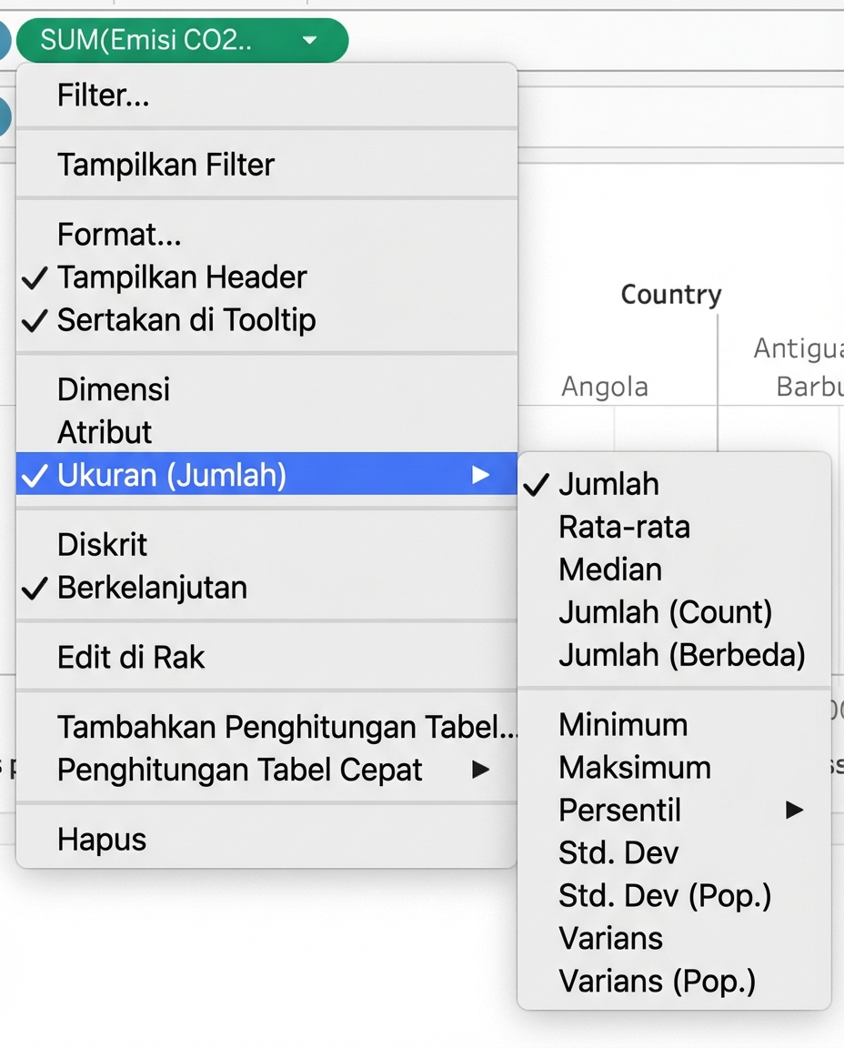 Menu tarik-turun Tableau untuk mengagregasi ukuran