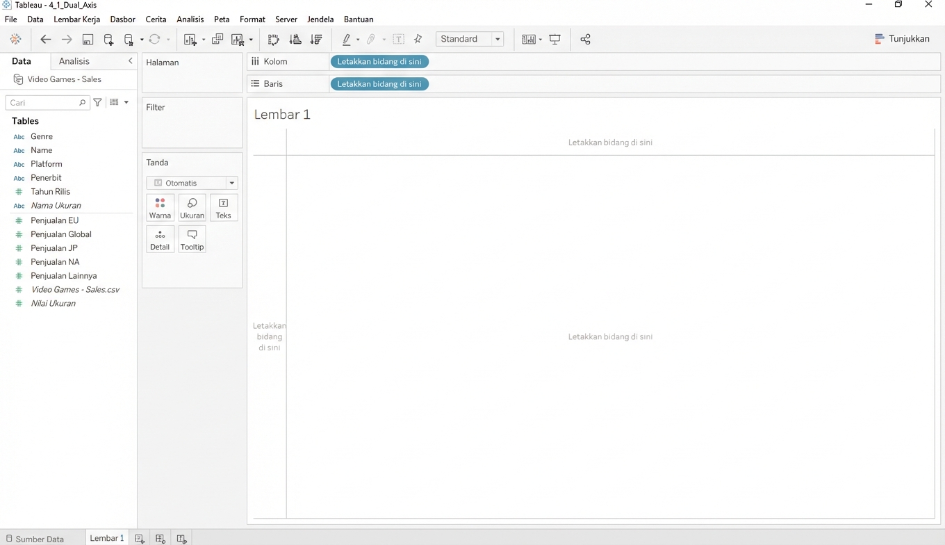 Tangkapan layar workbook Tableau kosong