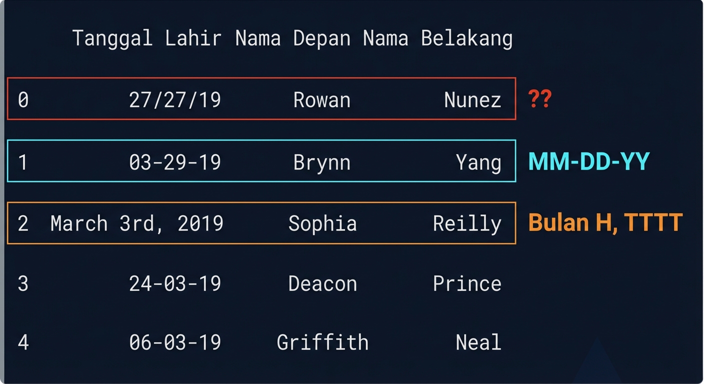 Tabel yang menampilkan keluaran dataset birthdays - satu baris memiliki tanggal dalam format bulan, hari, tahun; lainnya ditulis lengkap; satu baris jelas salah - komponen hari terduplikasi.