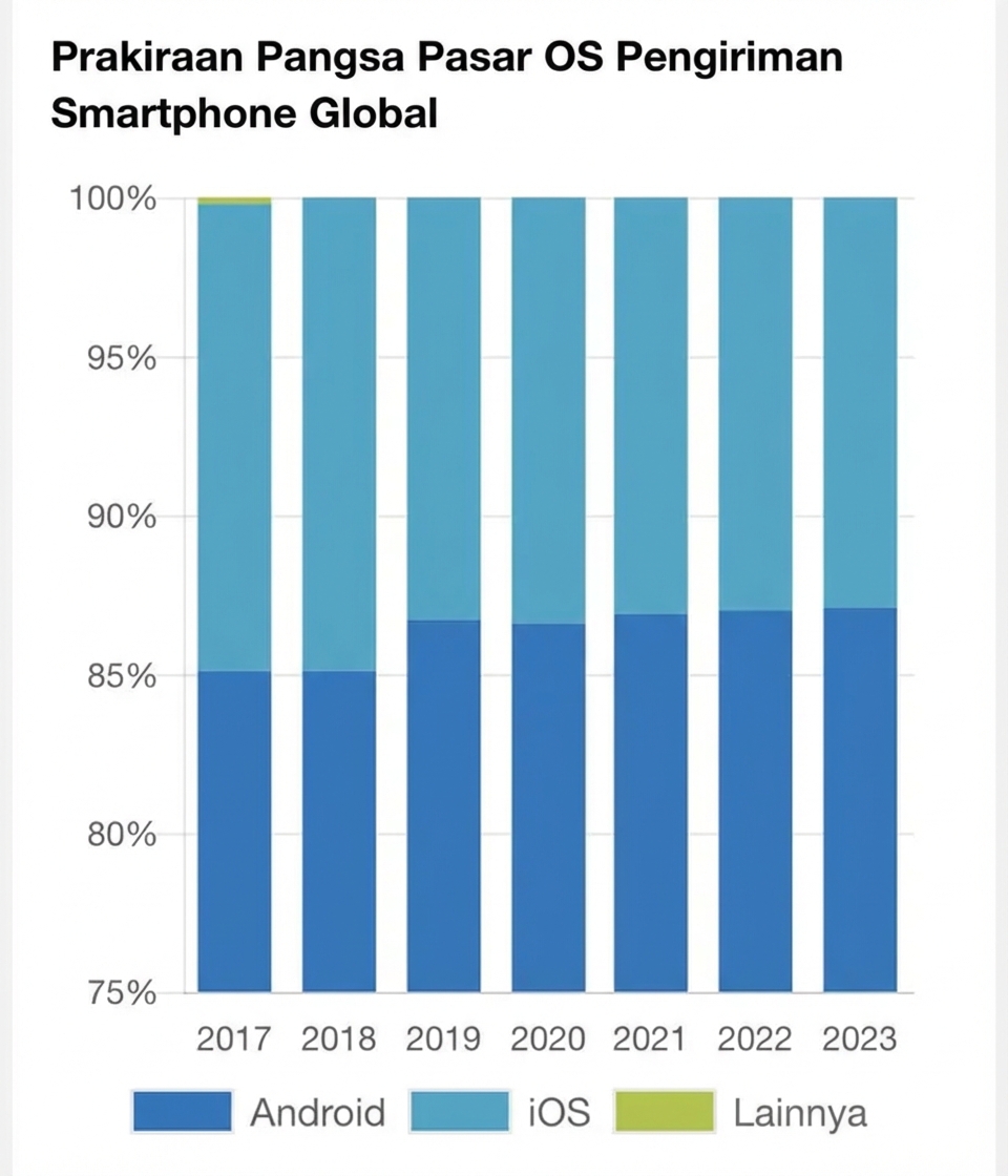 Diagram batang bertumpuk dari perusahaan pemasaran yang memprediksi pangsa pasar tiap sistem operasi ponsel. Sumbu y dimulai pada 75% bukan nol.