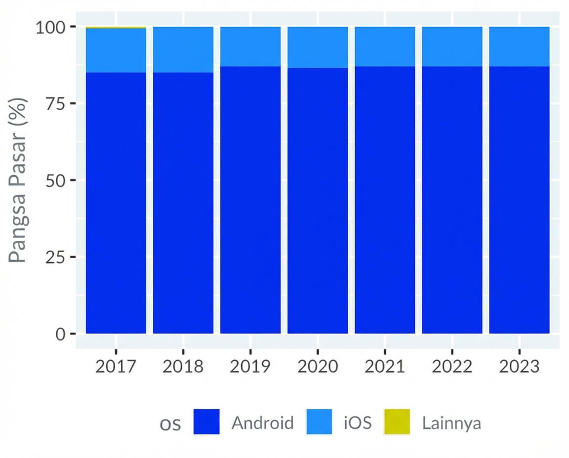 Sistem operasi ponsel digambar ulang dengan sumbu y mulai dari nol. Ini lebih jelas menampilkan popularitas Android.