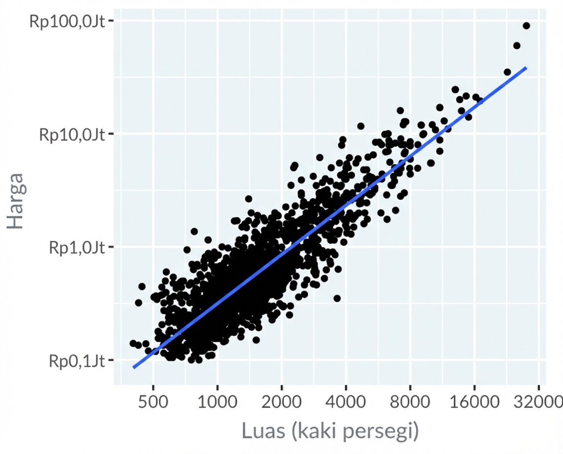 Diagram sebar harga rumah Los Angeles vs luasnya, menggunakan skala logaritmik pada sumbu x dan y. Garis tren linear ditambahkan dan pas dengan baik.