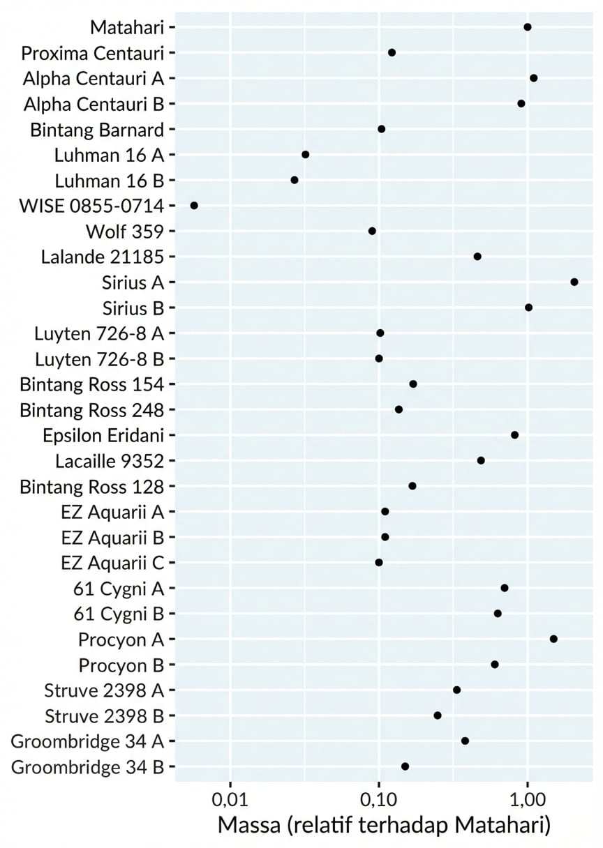 Dot plot massa bintang terdekat relatif terhadap Matahari. Bintang diurutkan dari terdekat ke terjauh. Sumbu x berskala logaritmik.