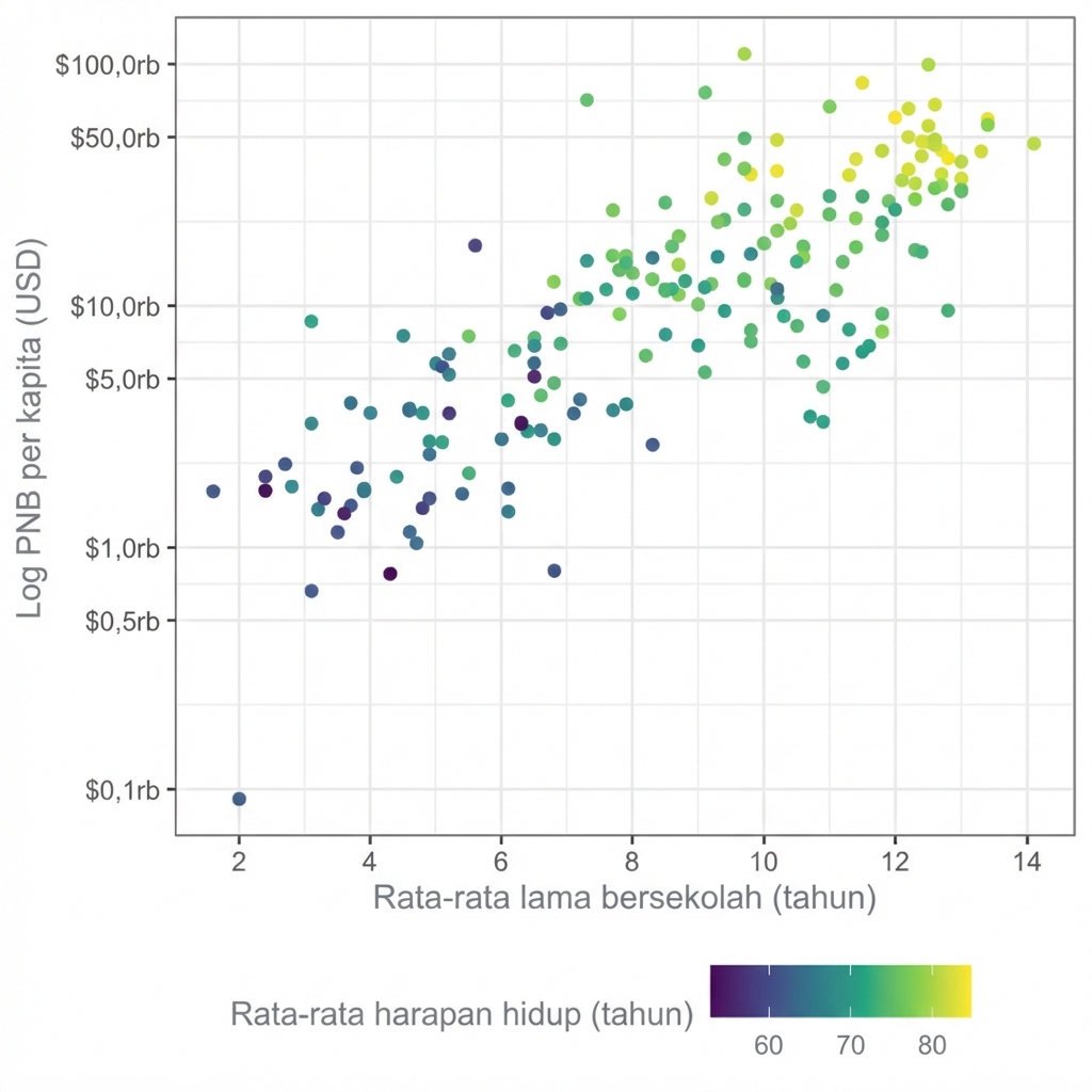 Plot sebar harapan hidup vs GNI dengan harapan hidup sebagai sumbu warna