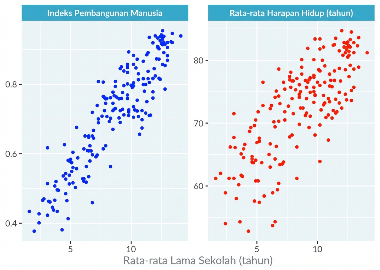 Plot sebar panjang masa sekolah dipisah dua panel untuk indeks pembangunan manusia dan harapan hidup