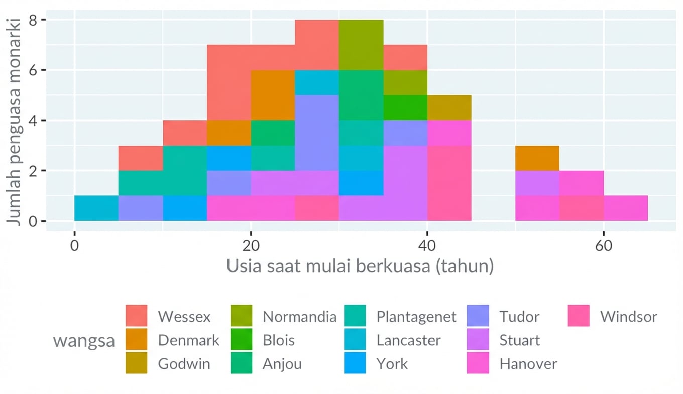 Histogram usia mulai memerintah raja dan ratu Inggris, diwarnai per dinasti. Terlihat seperti monster blob dari game 1980-an.