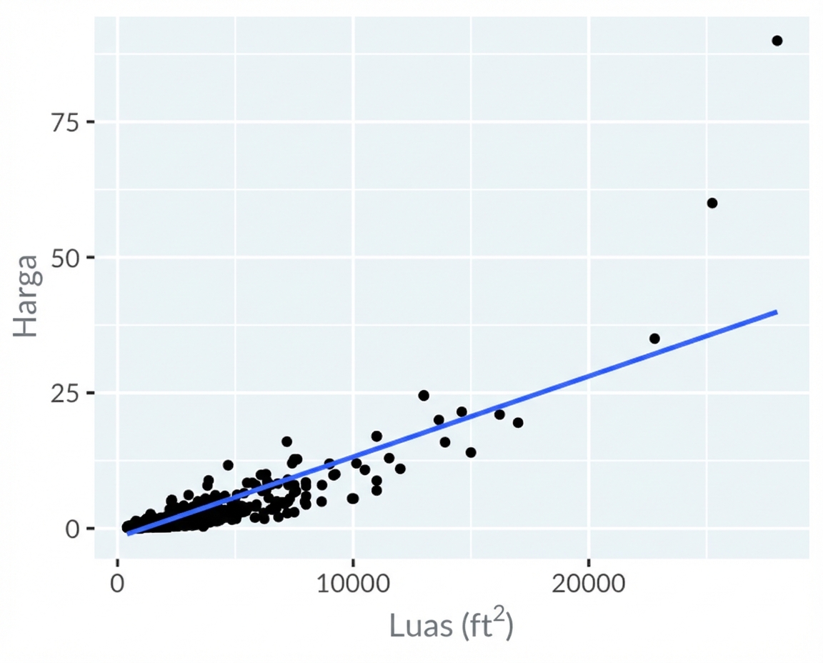 Diagram sebar harga rumah Los Angeles vs luasnya, menggunakan skala linear pada sumbu x dan y. Garis tren linear ditambahkan dan kurang pas.