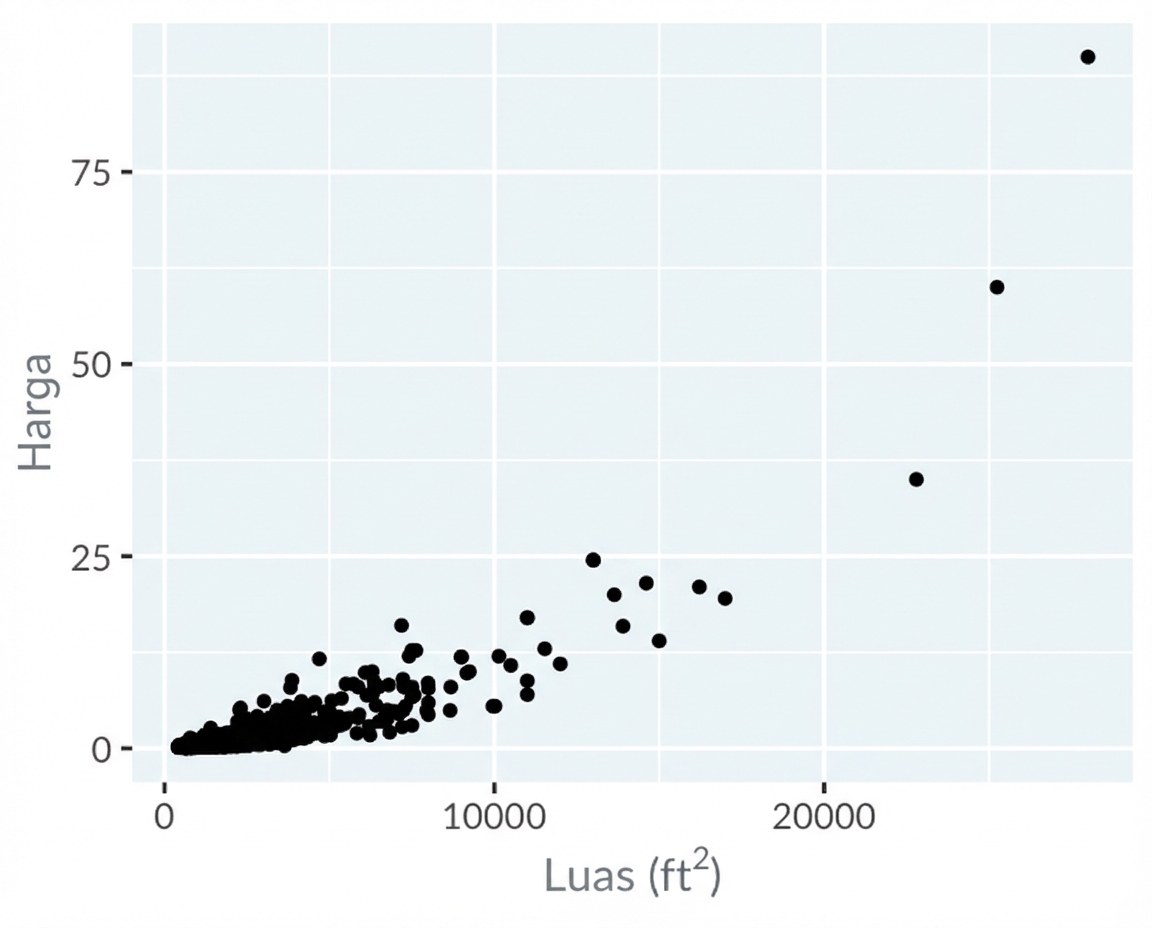 Diagram sebar harga rumah Los Angeles vs luasnya, menggunakan skala linear pada sumbu x dan y.