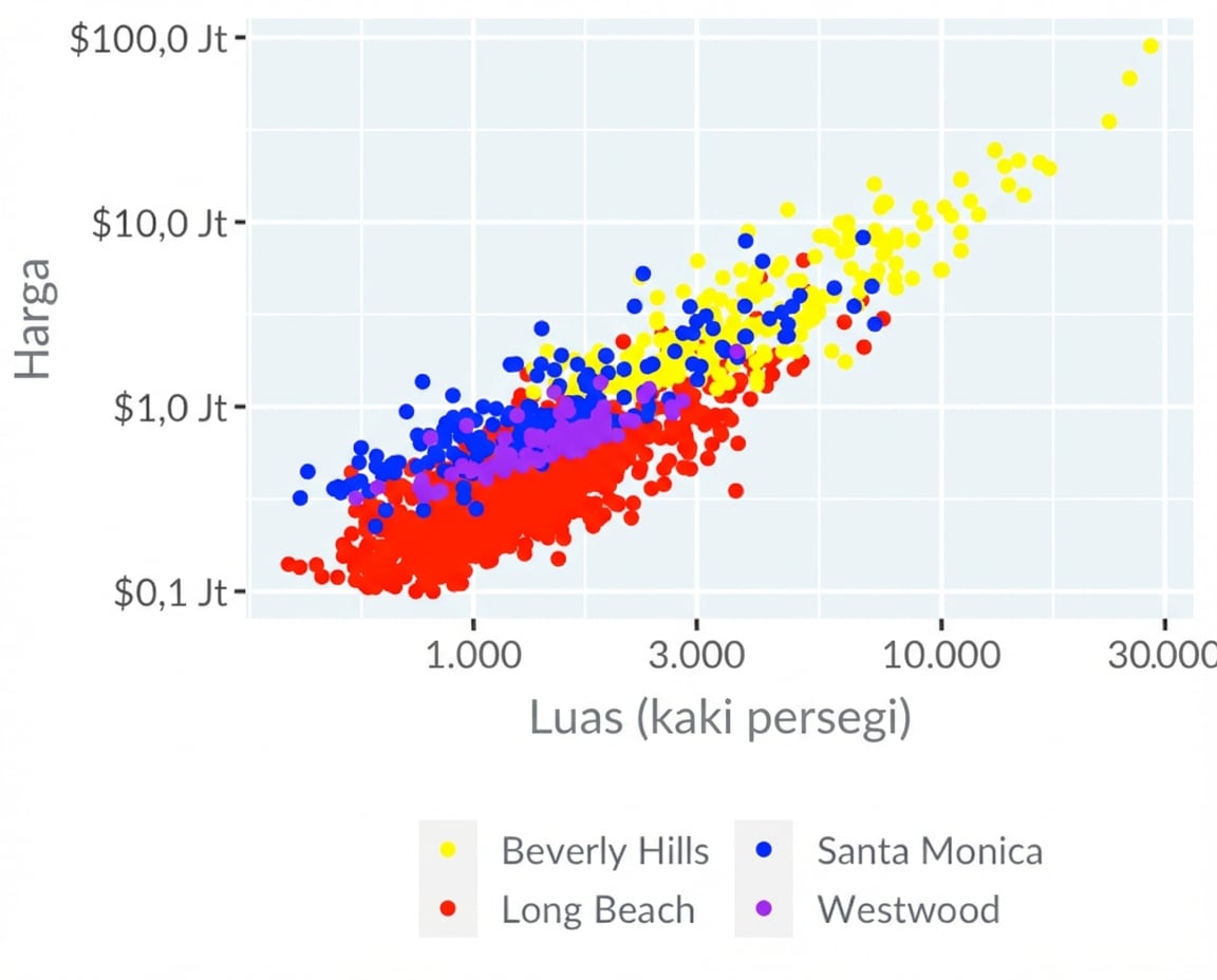Scatter plot harga vs luas dengan palet warna buruk