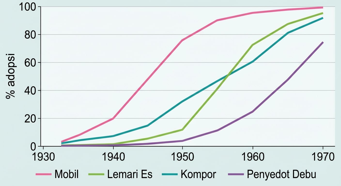 Plot garis adopsi teknologi oleh rumah tangga di AS. Sumbu x 1930–1970, sumbu y 0–100 persen. Ada empat garis: mobil, lemari es, kompor, dan vakum.