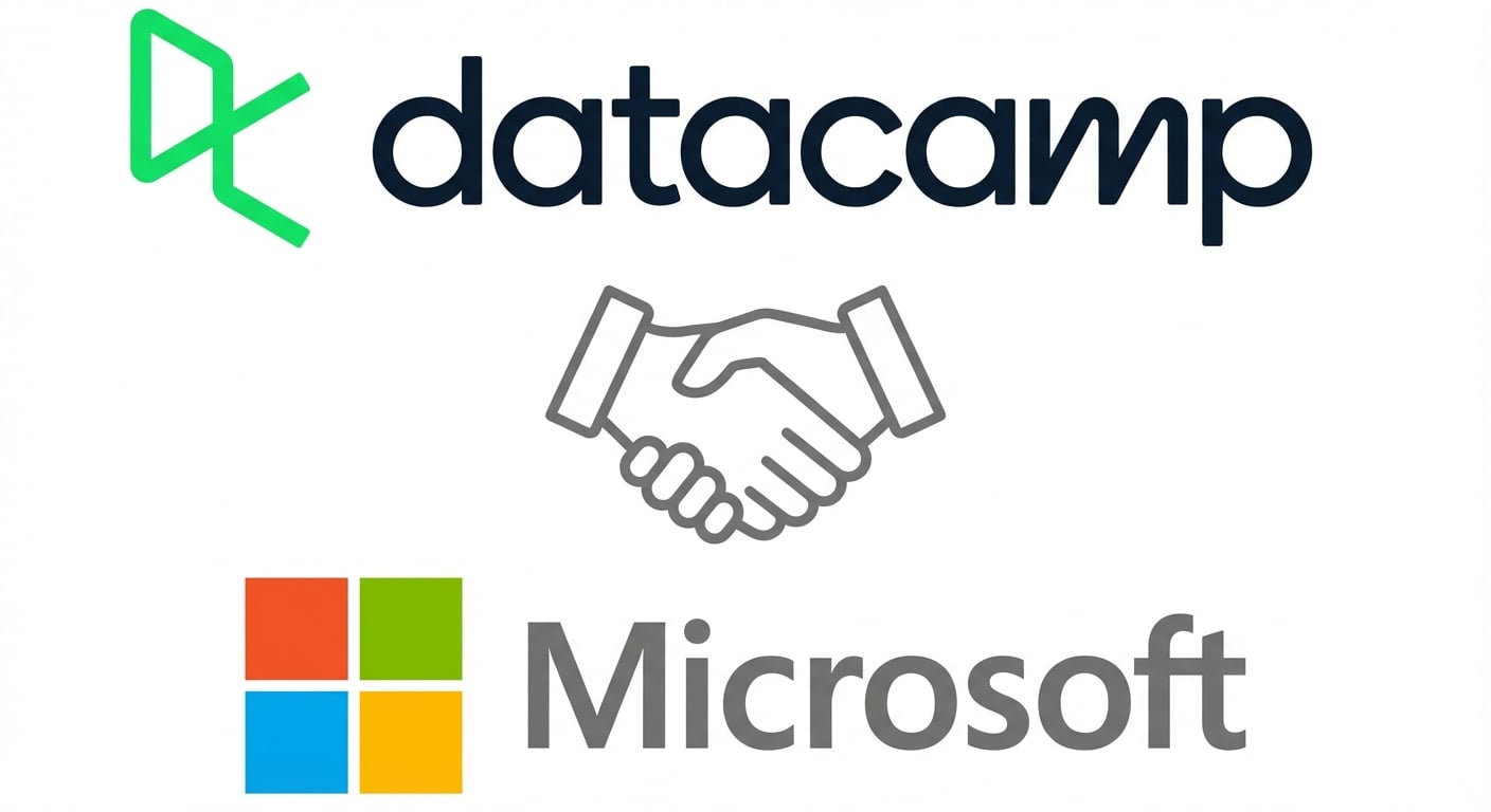 Logo DataCamp dan Microsoft, disertai ilustrasi jabat tangan