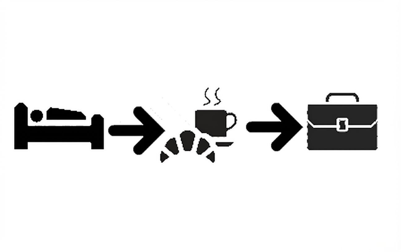 ikon orang di tempat tidur diikuti ikon kopi lalu tas kerja