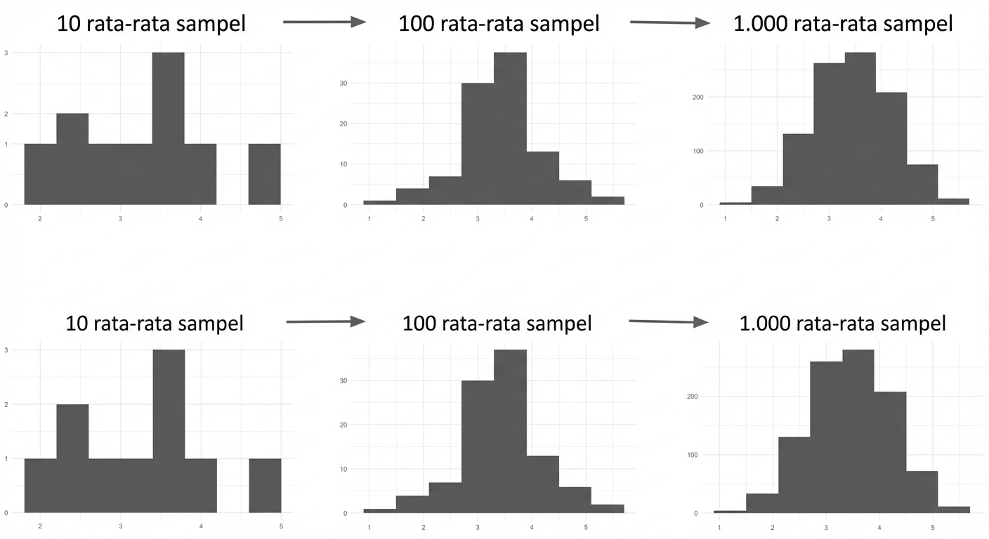 histogram 10, 100, dan 1000 rerata sampel; lebih banyak sampel membentuk kurva lonceng