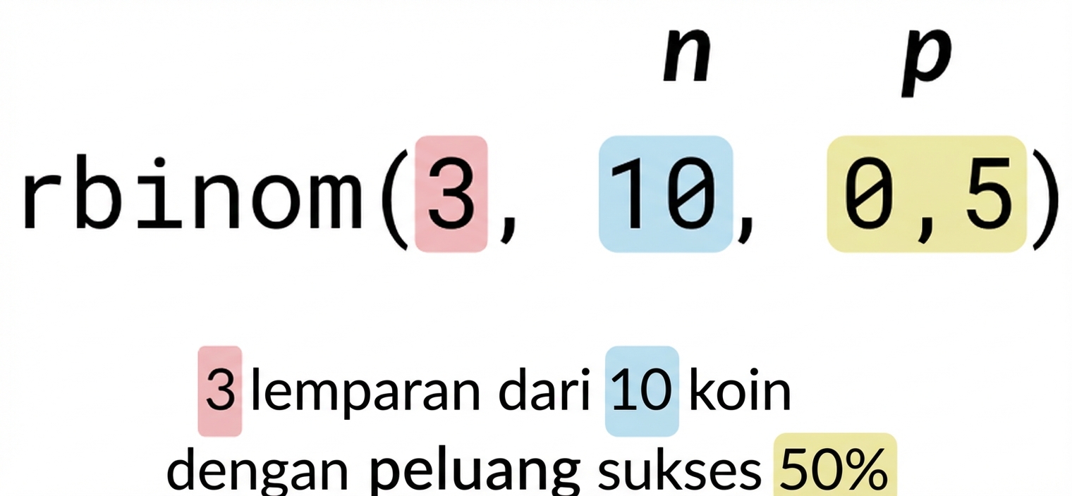 rbinom(3, 10, 0.5) dengan 3 merah, 10 biru, 0.5 kuning. Teks: 3 (merah) kali lempar dari 10 (biru) koin dengan peluang sukses 50% (kuning). n ditulis di atas 10 biru dan p di atas 0.5 kuning.