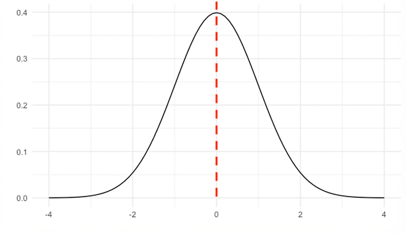 Garis putus-putus vertikal di tengah distribusi normal