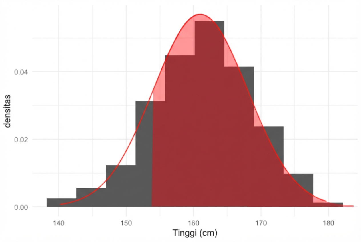 Kurva normal di atas histogram tinggi wanita dengan area kanan 154 diarsir