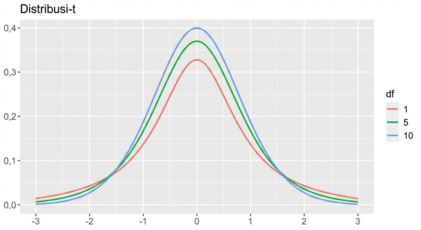 3 t distributions with df = 1, df = 5, and df = 10