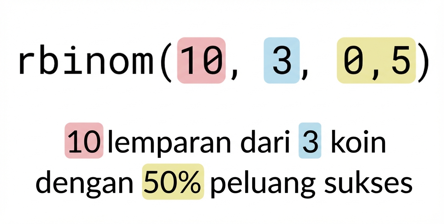 rbinom(10, 3, 0.5) dengan 10 merah, 3 biru, 0.5 kuning. Teks: 10 (merah) kali lempar dari 3 (biru) koin dengan peluang sukses 50% (kuning)