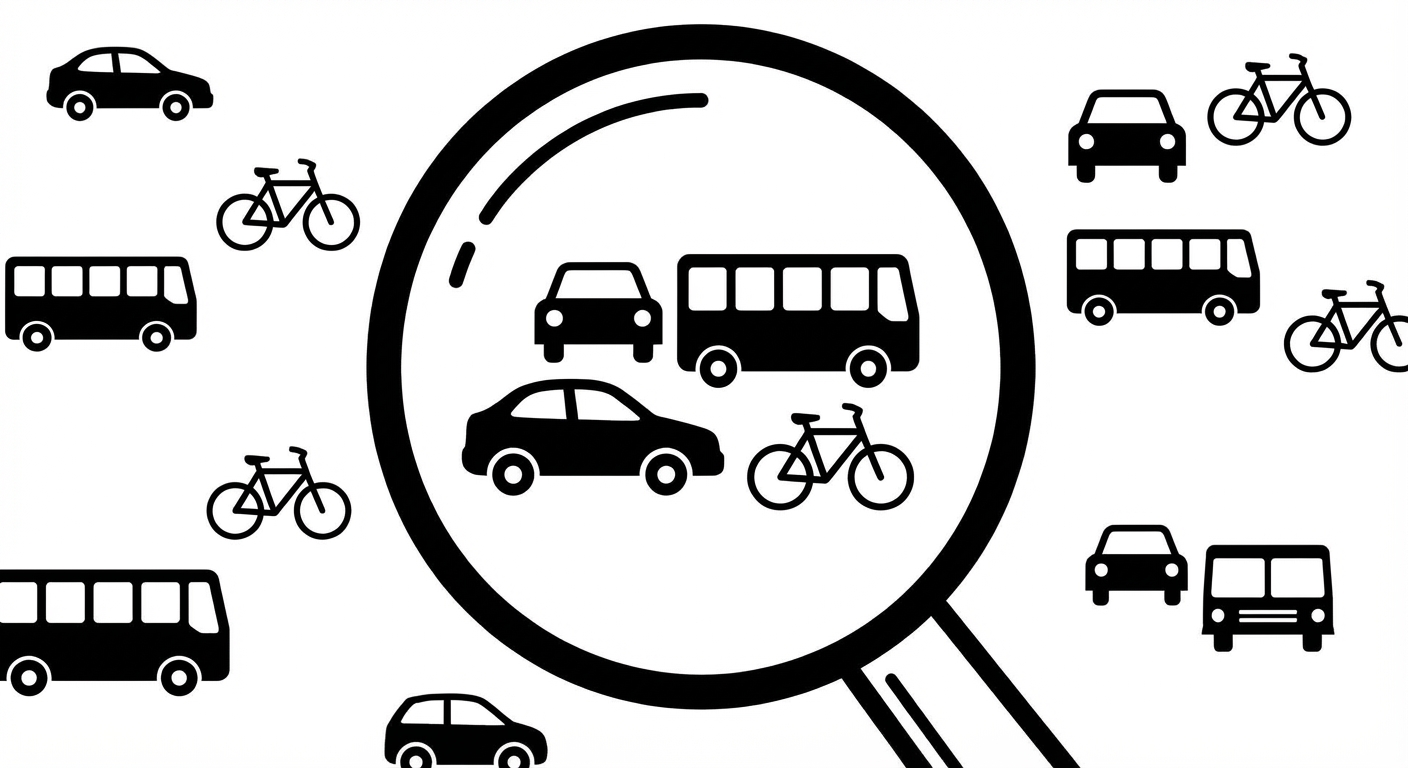 2 mobil, 1 bus, 1 sepeda dikelilingi lebih banyak mobil, bus, dan sepeda