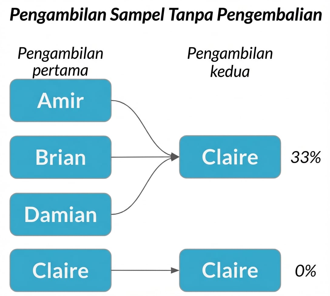 Amir, Brian, dan Damian di kolom pertama menunjuk ke Claire di kolom kedua dengan probabilitas 33%.png