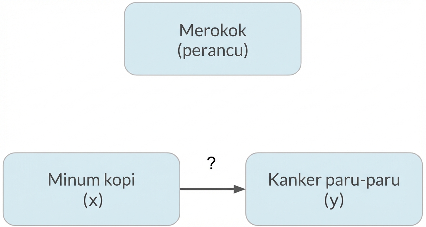 Minum kopi (x) mengarah ke kanker paru (y) dengan merokok (perancu) di atas