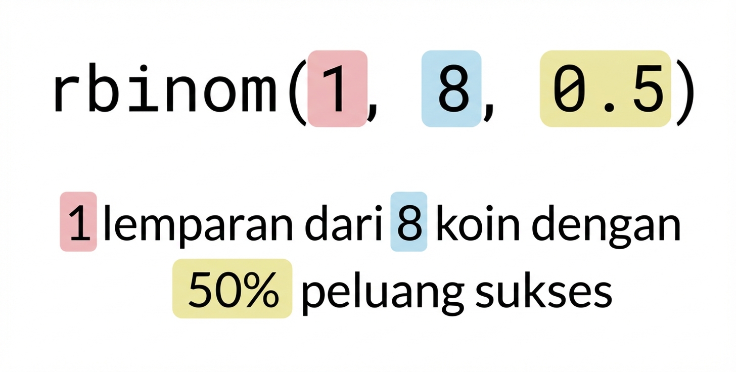 rbinom(1, 8, 0.5) dengan 1 berwarna merah, 8 biru, 0.5 kuning. Teks: 1 (merah) lemparan dari 8 (biru) koin dengan peluang sukses 50% (kuning)