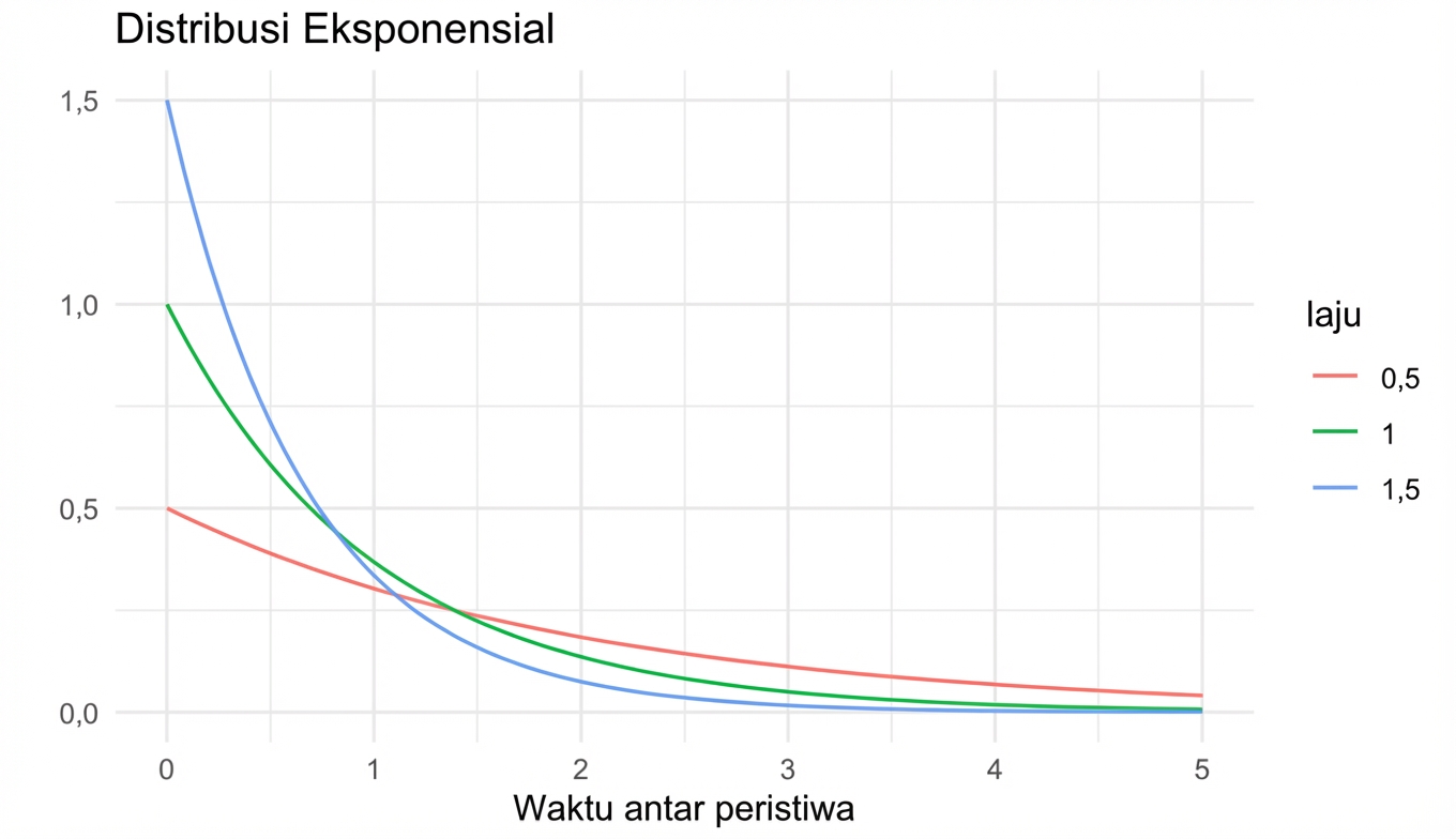 3 Exponential distributions with lambda = 0.5, lambda = 1, and lambda = 1.5