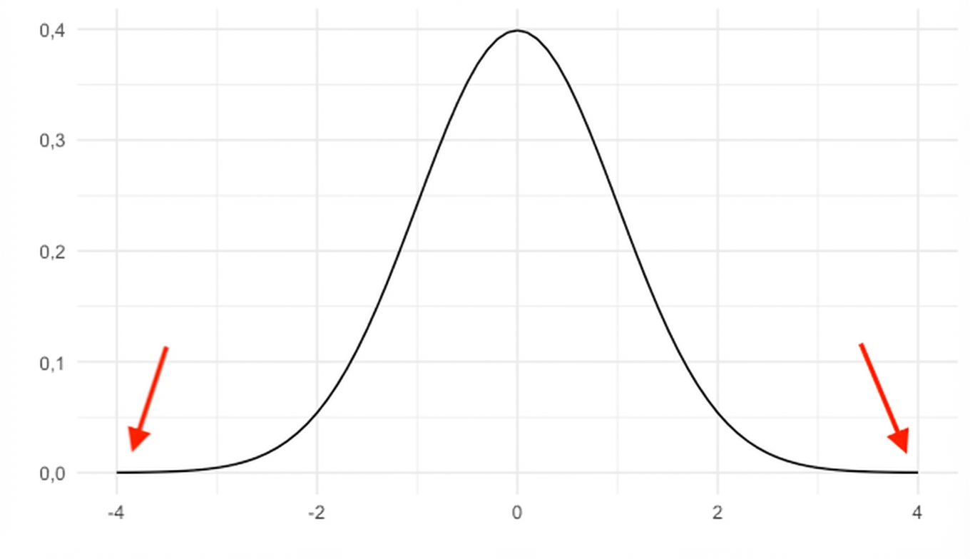 Distribusi normal dengan panah menunjuk ke ekor di kedua sisi