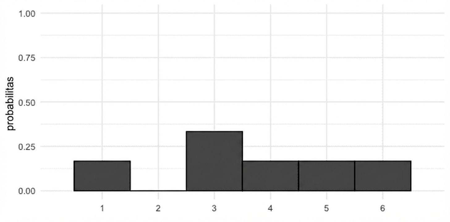 Distribusi probabilitas dadu tidak merata. Batang untuk 1, 4, 5, 6 setinggi 1/6, batang untuk 2 setinggi 0, batang untuk 3 setinggi 1/3