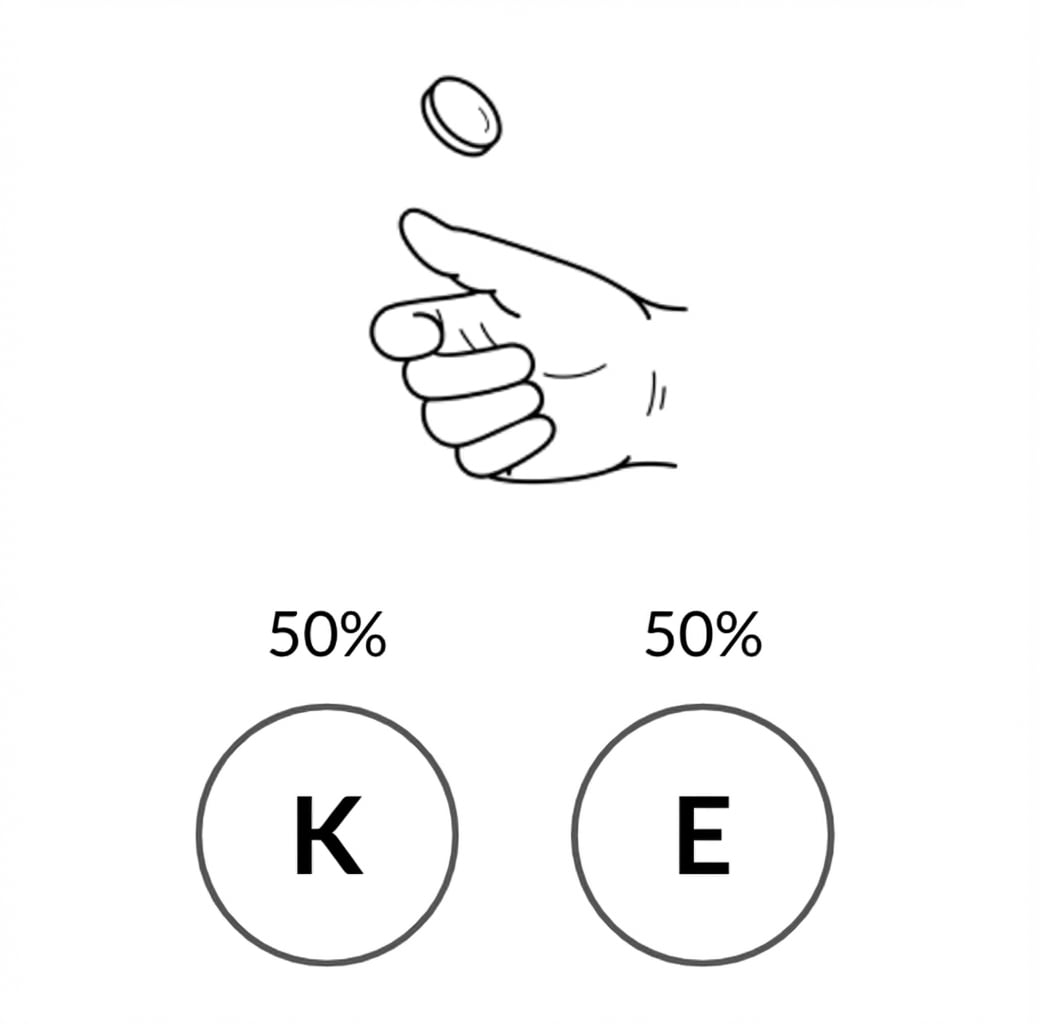 Tangan melempar koin: satu sisi H peluang 50%, sisi lain T peluang 50%