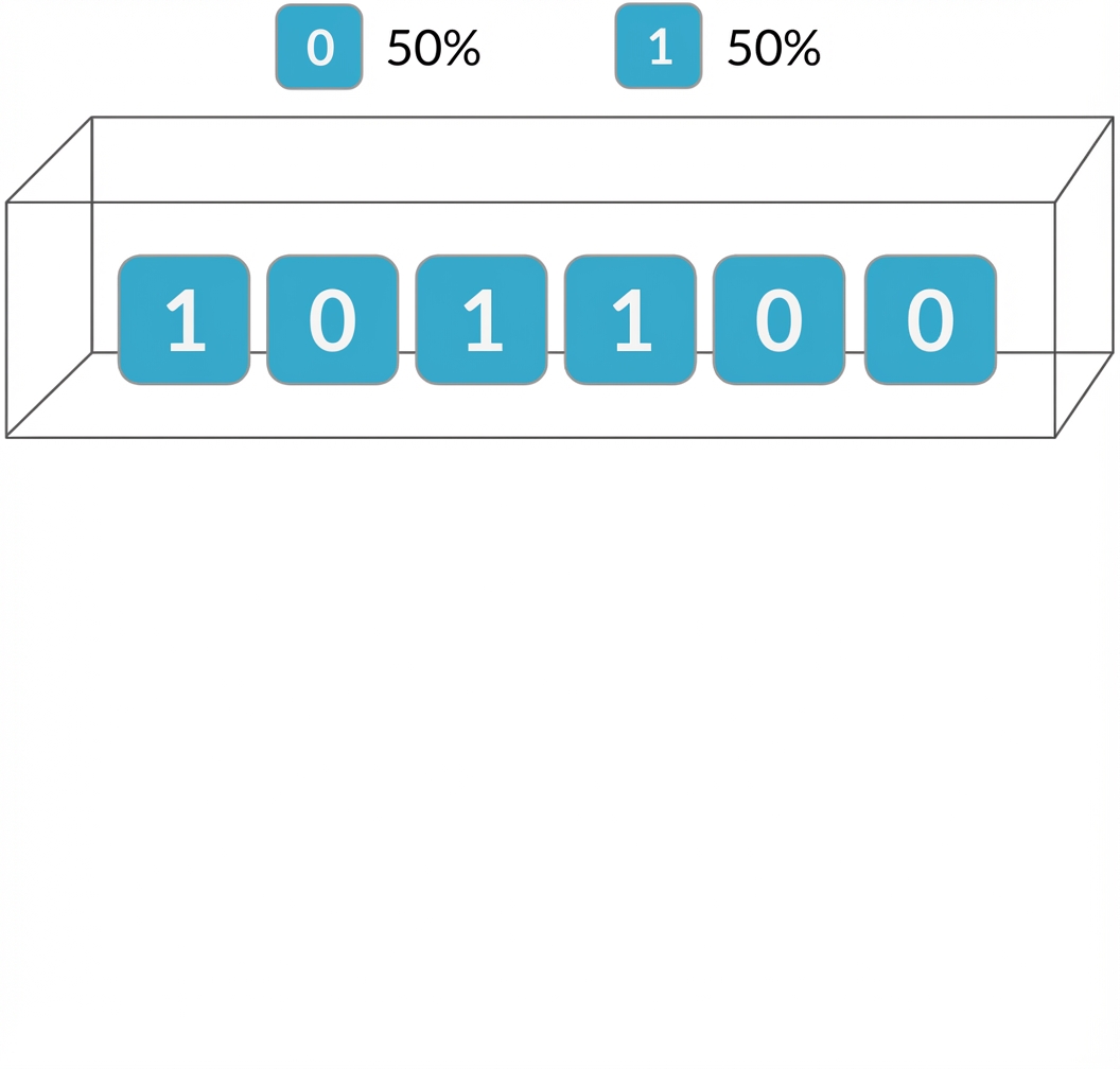 Kotak tiket dengan 3 nol dan 3 satu. Peluang 0 sebesar 50%, peluang 1 sebesar 50%