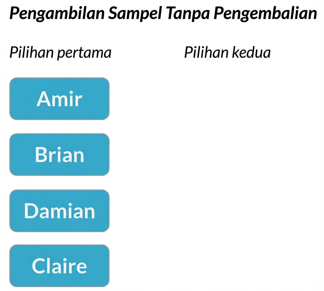 Dua kolom: Kolom pilihan pertama berisi Amir, Brian, Claire, Damian. Kolom pilihan kedua kosong.png