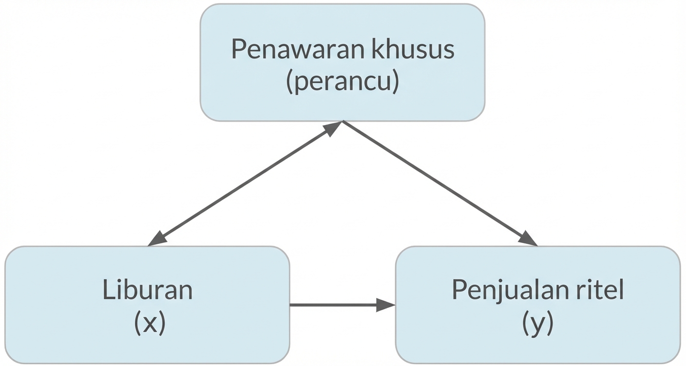 Hari libur (x) mengarah ke penjualan ritel (y). Diskon khusus (perancu) memiliki panah ganda ke hari libur dan panah tunggal ke penjualan ritel.