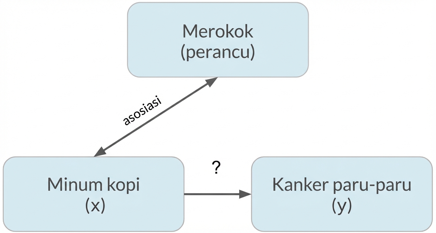 Minum kopi (x) mengarah ke kanker paru (y) dengan merokok (perancu). Panah ganda antara merokok dan minum kopi, berlabel "asosiasi".