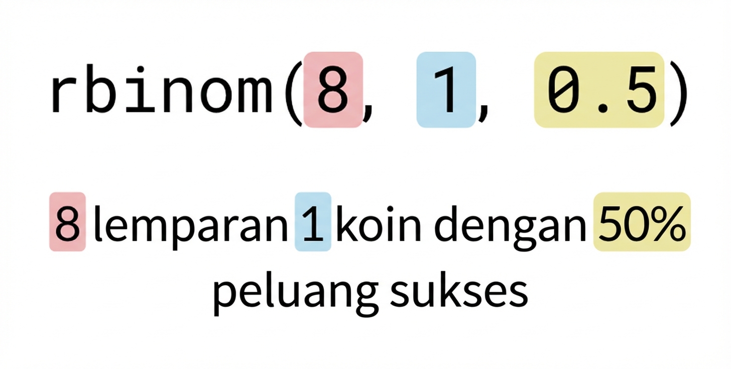 rbinom(8, 1, 0.5) dengan 8 merah, 1 biru, 0.5 kuning. Teks: 8 (merah) lemparan dari 1 (biru) koin dengan peluang sukses 50% (kuning)