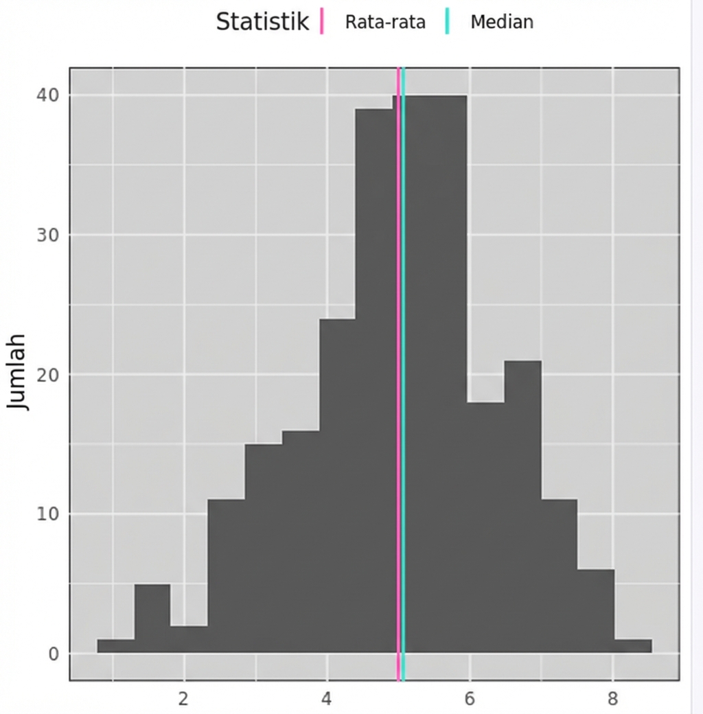 Histogram dengan data berbentuk lonceng, serta garis biru dan merah berdekatan di tengah data. Merah = rata-rata, biru = median.