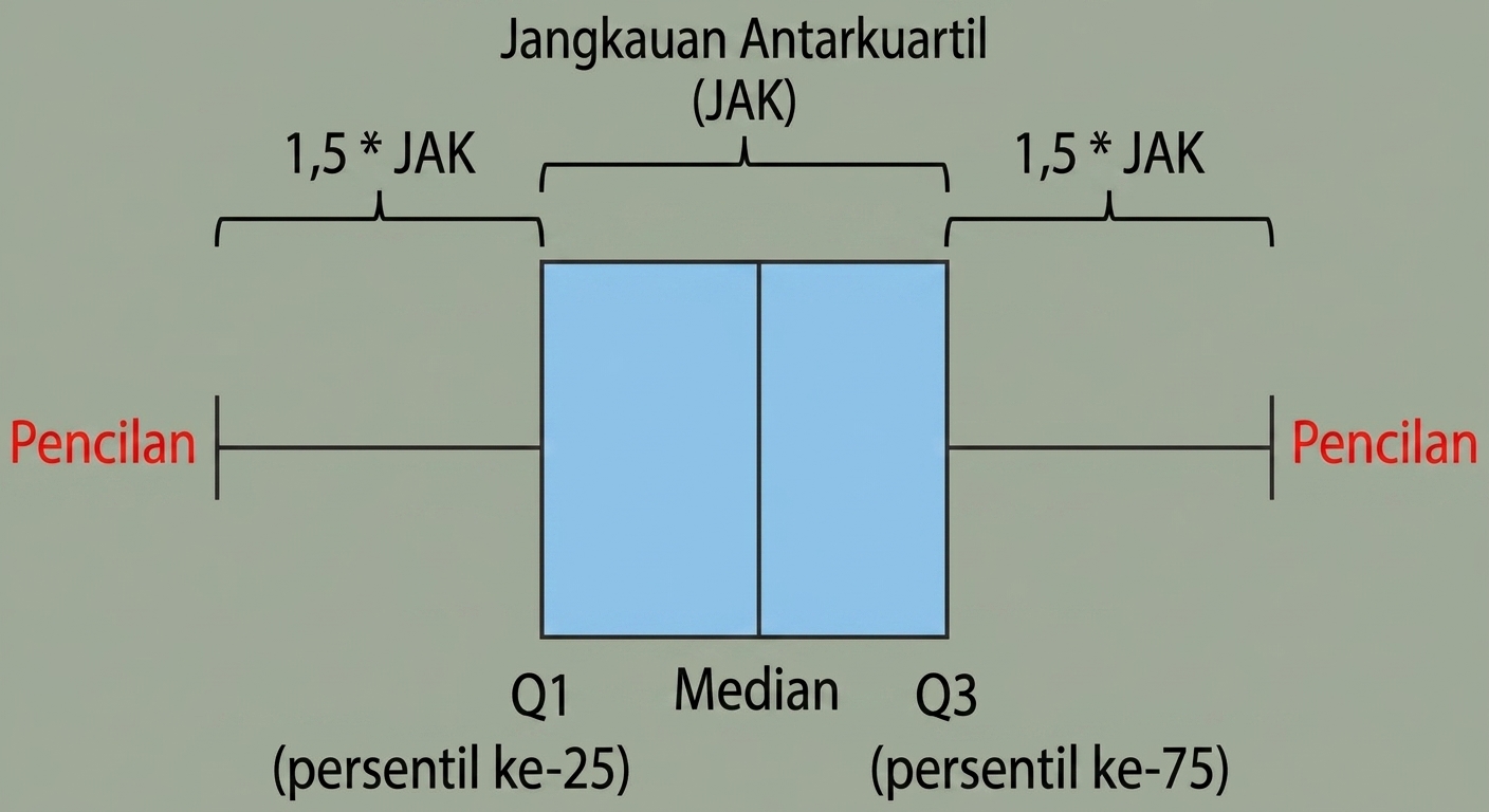 Diagram box plot yang menampilkan median, kuartil, dan pencilan