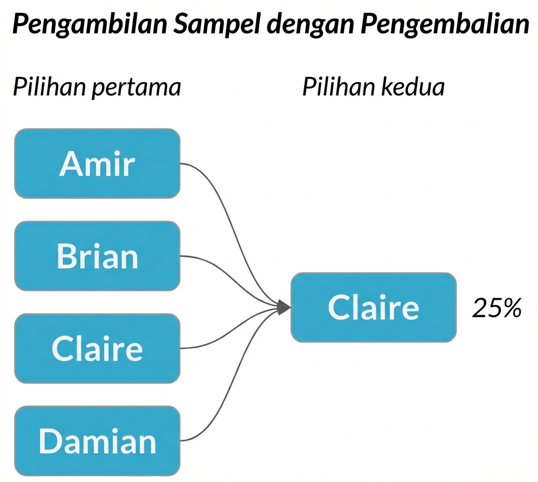 Panah dari tiap nama di kolom pilihan pertama mengarah ke Claire di kolom kedua, dengan peluang 25%