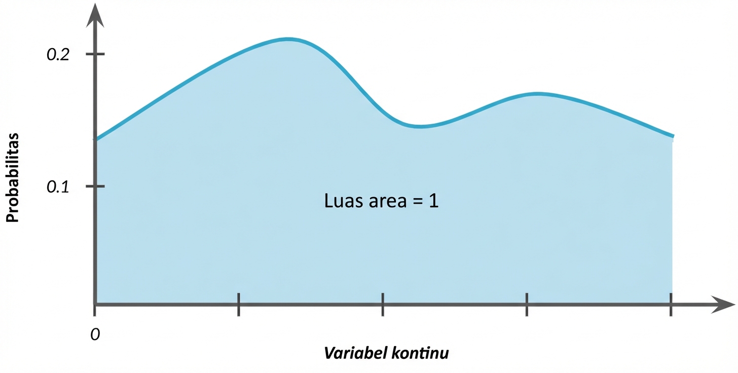 Area di bawah kurva disorot dengan teks: area = 1