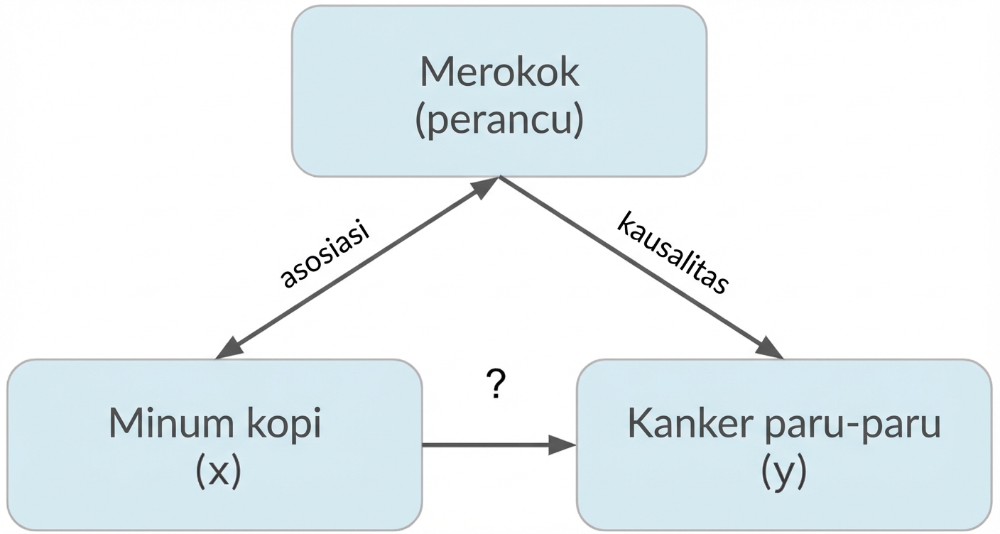 Minum kopi (x) mengarah ke kanker paru (y) dengan merokok (perancu). Panah ganda antara merokok dan minum kopi, berlabel "asosiasi". Panah dari merokok ke kanker paru berlabel "kausalitas"
