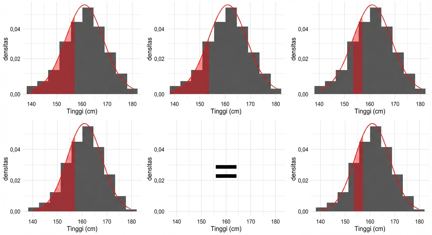Luas kurang dari 157 dikurangi luas kurang dari 154 sama dengan luas antara 154 dan 157
