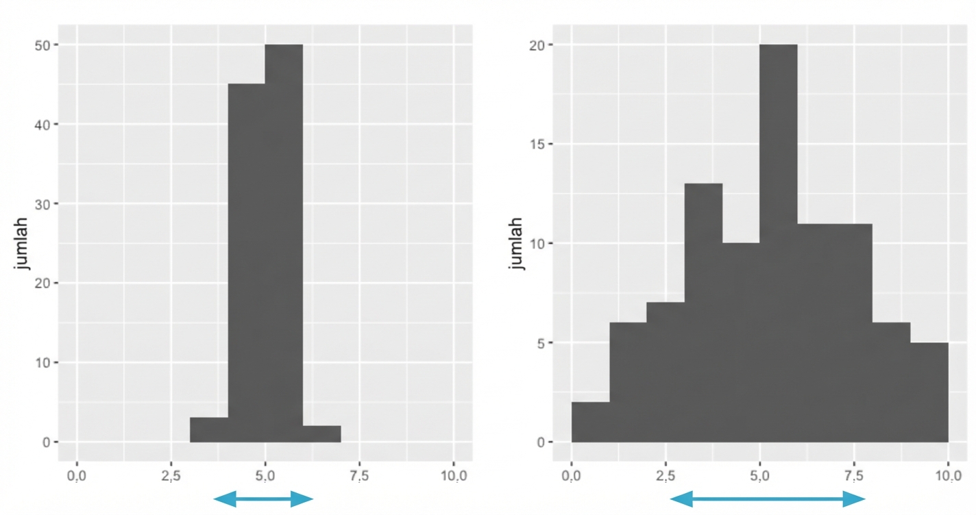 Dua histogram: satu sempit dengan data hanya pada beberapa nilai, satu lagi lebih lebar dengan data tersebar lebih banyak nilai.