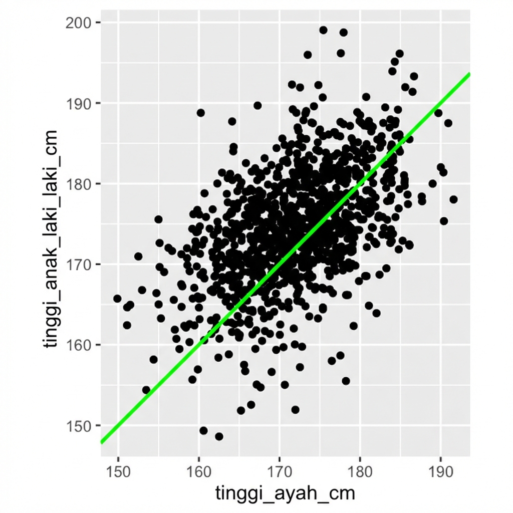 Diagram pencar tinggi anak vs tinggi ayah, dengan garis di mana ayah dan anak setinggi sama. Saat ayah lebih tinggi, anak juga lebih tinggi.