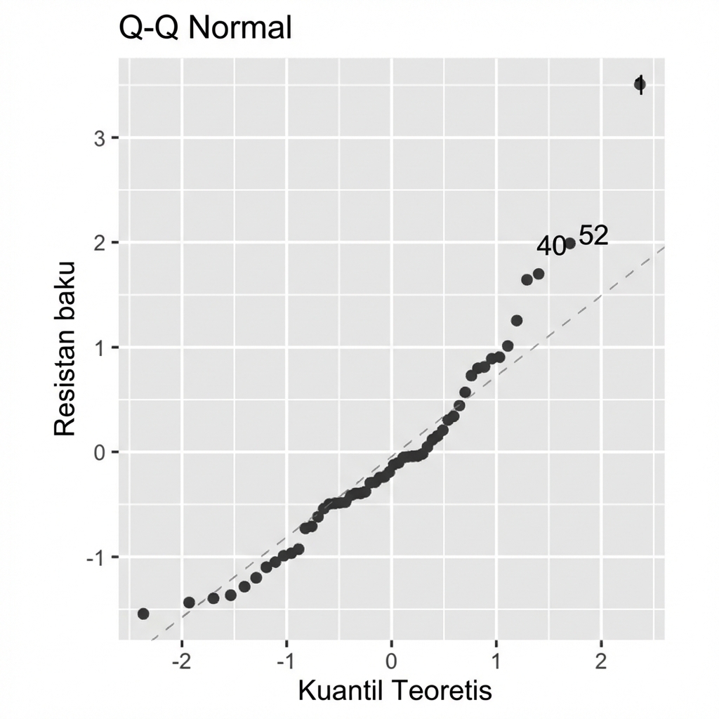 Plot Q-Q sisa terstandar model perch vs kuantil teoretis. Titik-titik tidak mengikuti garis sama dengan secara rapat, terutama di sisi kanan plot.