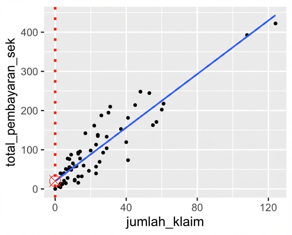 Plot sebar pembayaran total vs jumlah klaim, diberi anotasi titik tempat garis tren memotong sumbu y.